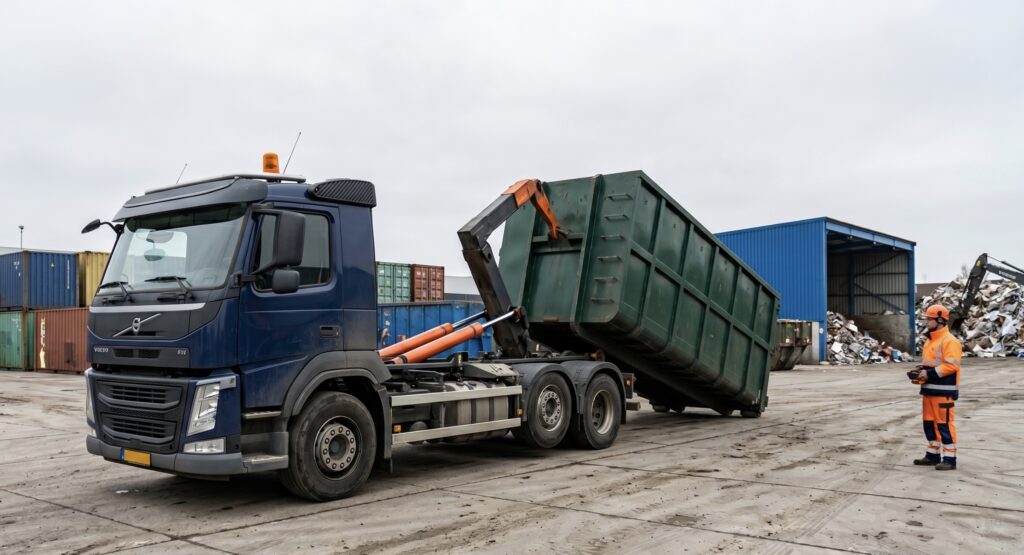 een vrachtwagen met een haakarm en container